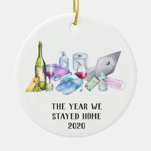 Het jaar dat we thuis bleven 2020 Covid Kerst Wijn Keramisch Ornament