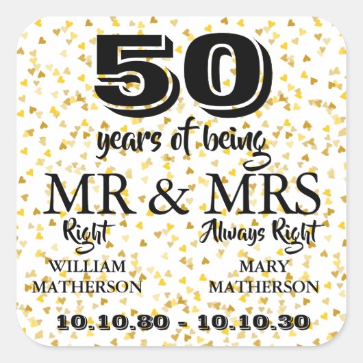 Het Jubileum van de gouden bruiloft M. Mrs Right Vierkante Sticker (Voorkant)