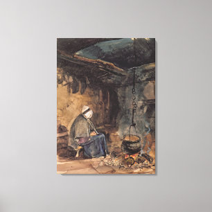 Het kijken van de pot kook - een huisinterieur canvas afdruk