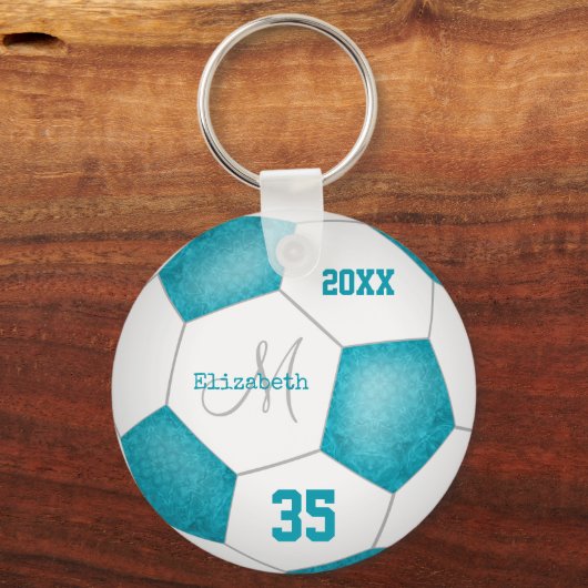 het kleine turquoise - blauwe en witte voetbalseiz sleutelhanger (Achterkant)