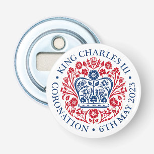 Het koningsembleem van koning Charles 2023 Button Flesopener