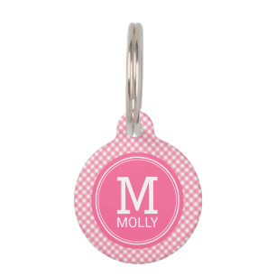 Het landroze monogram van Baby Pink Gingham person Huisdierpenning