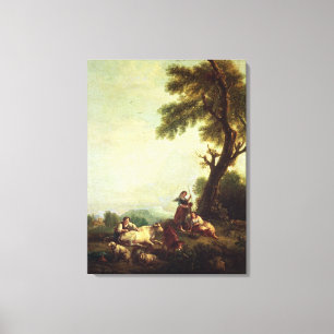 Het landschap met de boeren die naar een kudde van canvas afdruk
