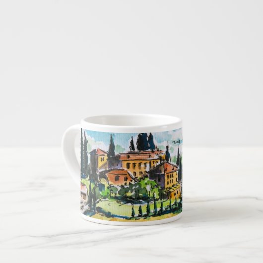 Het landschap met de stad en de cyperbomen espresso kop (Voorkant links)