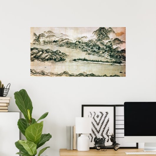 Het landschap van de bergen en een rivier poster (Thuiskantoor)