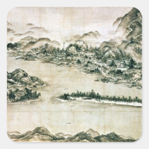Het landschap van de bergen en een rivier vierkante sticker