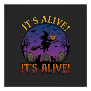 Het Leeft Halloween Heks Pompoen Zwarte Kat Grafst Perfect Poster
