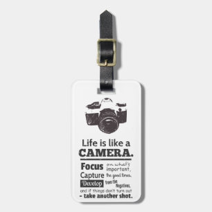 Het leven is als een camera citaat, Zwarte Grunge Bagagelabel