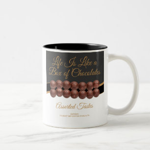 Het leven is als een doos chocolade tweekleurige koffiemok