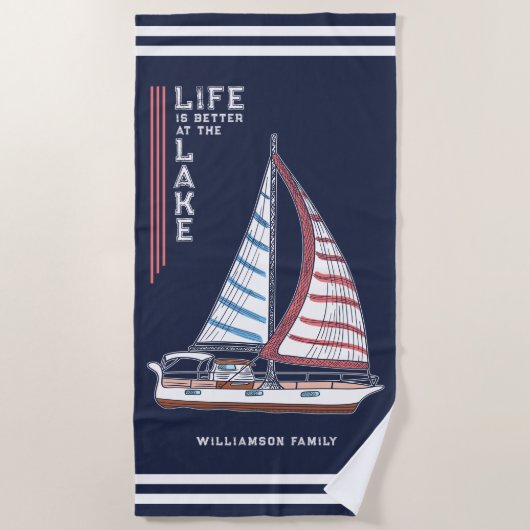 Het leven is beter bij de Lake Family Navy Blue Strandlaken (Voorkant)