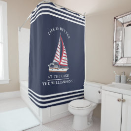 Het leven is beter bij het Lake Nautical Red Navy  Douchegordijn