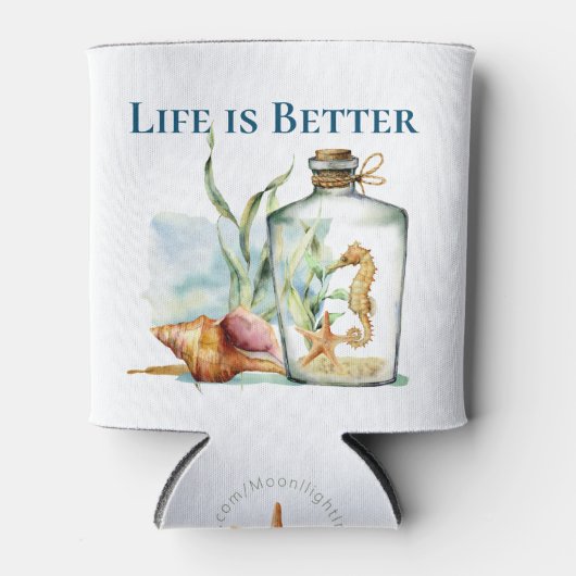 Het leven is beter bij het strand / het zeepaardje blikjeskoeler (Voorkant)