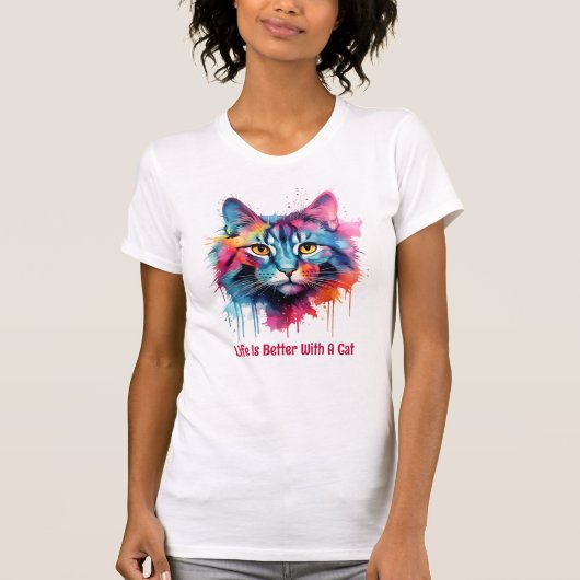 Het leven is beter met een kat. Schattigee kleurri T-shirt (Voorkant)
