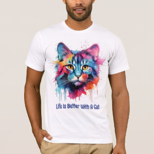 Het leven is beter met een kat. Schattigee kleurri T-shirt