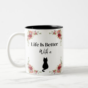 Het leven is beter met een kat silhouet bloem tweekleurige koffiemok