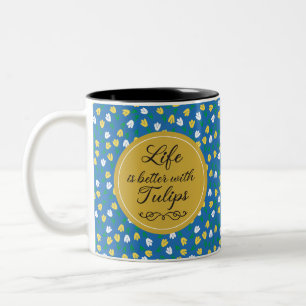 Het leven is beter met Tulpen - Blauw geel patroon Tweekleurige Koffiemok