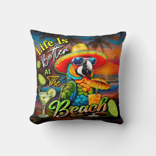 Het leven is beter op het strand Tropical Parrot Kussen