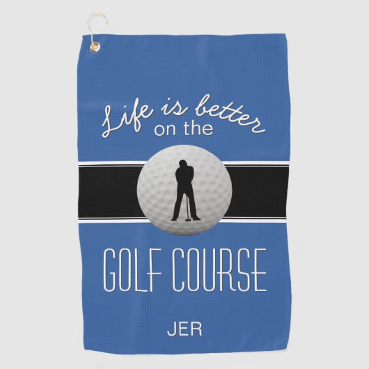 Het leven is beter Quote Golf Ball Monogram Blauw  Golfhanddoek (Voorkant)