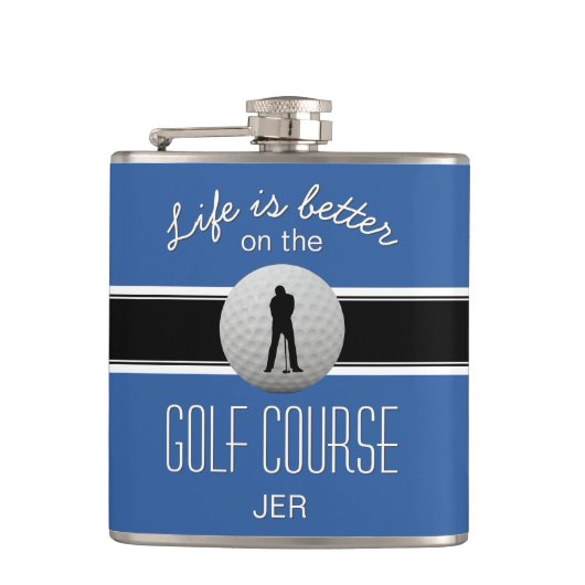 Het leven is beter Quote Golf Ball Monogram Blauw  Heupfles (Voorkant)