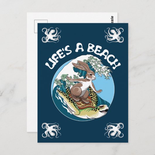 Het leven is een strand - Rabbit en Turtle Surfing Briefkaart (Voorkant / Achterkant)
