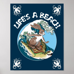 Het leven is een strand - Rabbit en Turtle Surfing Poster