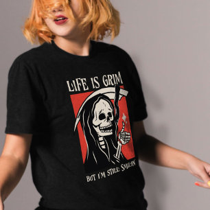 Het leven is grimmig grappig maaier grappige sarca t-shirt
