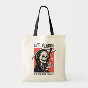 Het leven is grimmig grappig maaier grappige sarca tote bag