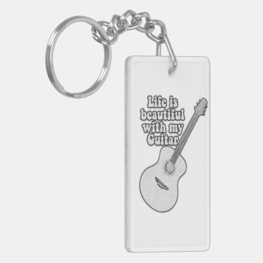 Het leven is mooi met mijn gitaar. zwart-wit sleutelhanger (Voorkant Links)