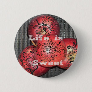 Het leven is zoet: Apple en Floral Motief Design Ronde Button 5,7 Cm
