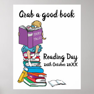 Het lezen van de dag op een stapel boekengebeurten poster