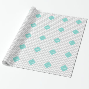 Het lichtgrijze Witte Monogram van Aqua Quatrefoil Cadeaupapier