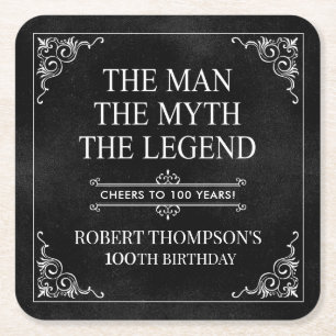 Het Man The Myth The Legend 100th Birthday Black Vierkante Kartonnen Onderzetter