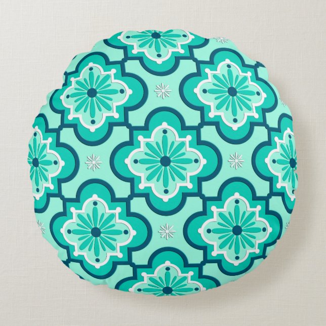 Het Marokkaanse Tile Pattern, Aqua en Turquoise Rond Kussen (Voorkant)