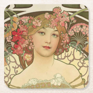 Het Meisje Alphonse Mucha Coasters van Champagne Vierkante Kartonnen Onderzetter
