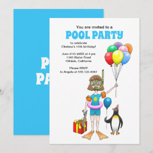 Het meisje en de pinguïn's pool party kaart