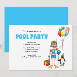 Het meisje en de pinguïn's pool party kaart