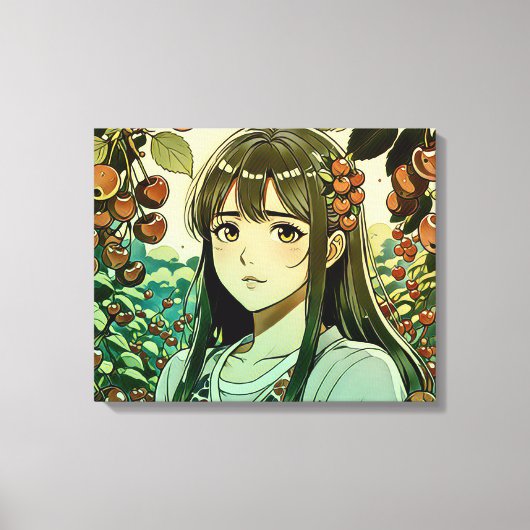 Het meisje met kersenvruchten - Moderne illustrati Canvas Afdruk (Voorkant)