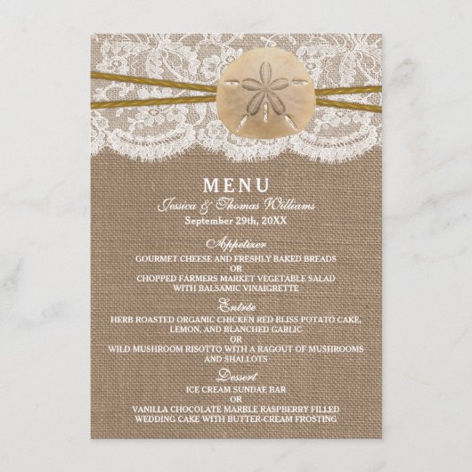 Het menu Rustic Sand Dollar Wedding Collectie (Voorkant)