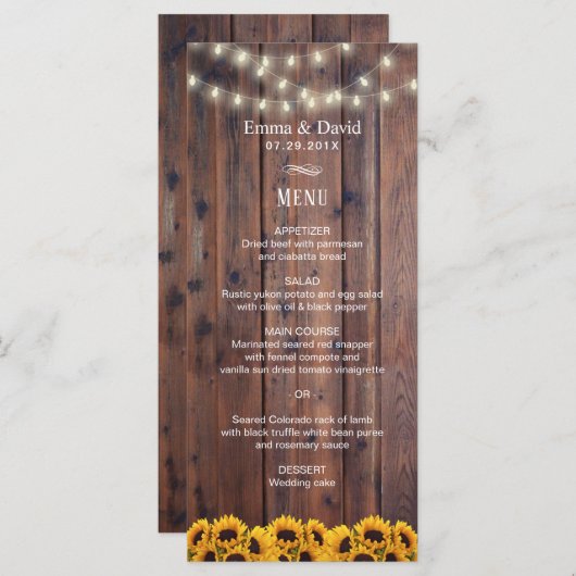 Het menu Rustige Sunflower & String Lights Wedding (Voorkant / Achterkant)