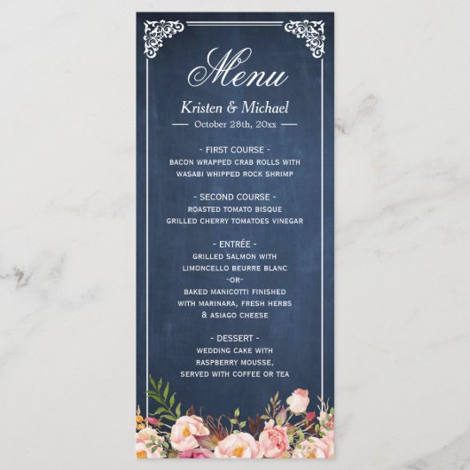 Het Menu van de bruiloft bijtende Floral  Blue Cha (Voorkant)