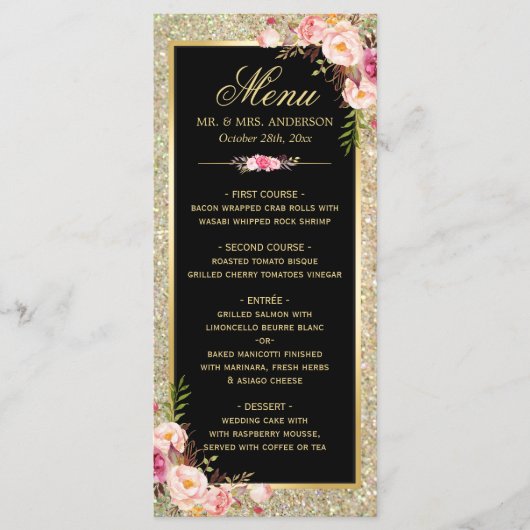Het Menu van de bruiloft Classy Floral Gold Glitte (Voorkant)