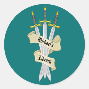 Het middeleeuwse zwaard uit de bibliotheek van ronde sticker