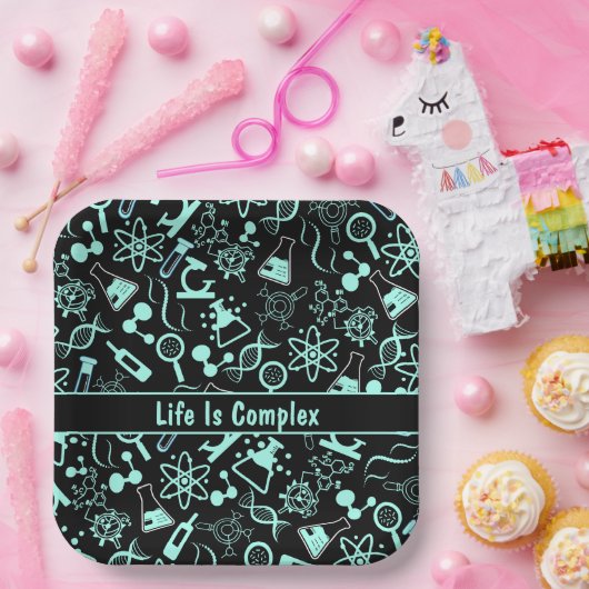 Het moderne aquablauwe biochemieleven is complex papieren bordje (Feest)