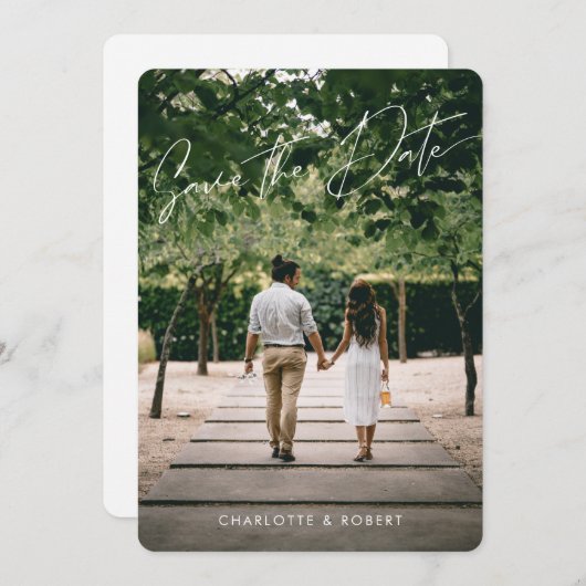 Het moderne Berichten van de Foto van het Manuscri Save The Date (Voorkant / Achterkant)