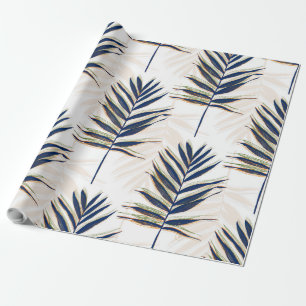 Het moderne blauwe palm laat gouden strepen in het cadeaupapier