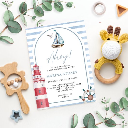 Het moderne Blue Ahoy Nautical Baby shower Kaart