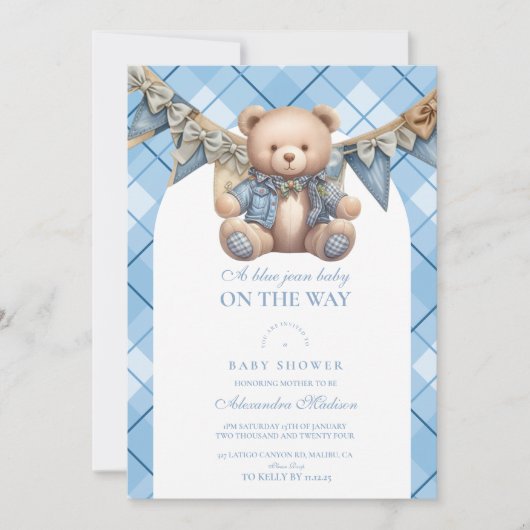 Het moderne Denim Teddy Bear Baby shower Kaart (Voorkant)