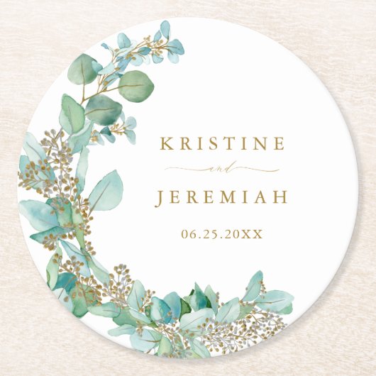 Het moderne gouden script Eucalyptus Waterverf bru Ronde Kartonnen Onderzetter (Voorkant)
