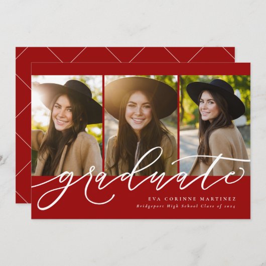 Het moderne manuscript afstuderen drie foto rood a aankondiging (Voorkant / Achterkant)