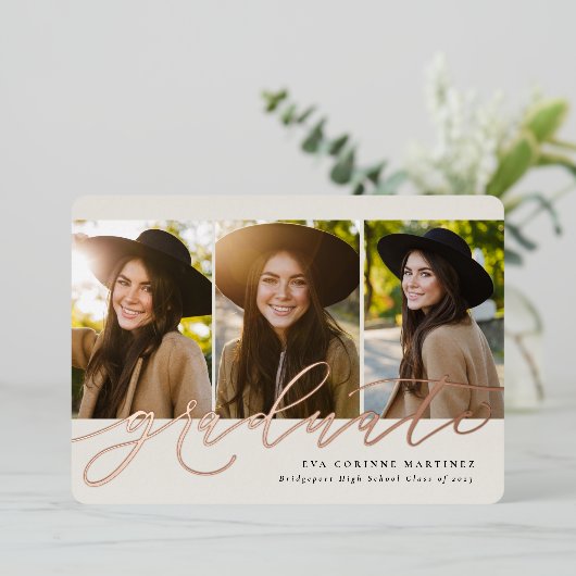 Het moderne manuscript afstuderen roos 3 foto afst folie uitnodiging (Staand Voorkant)